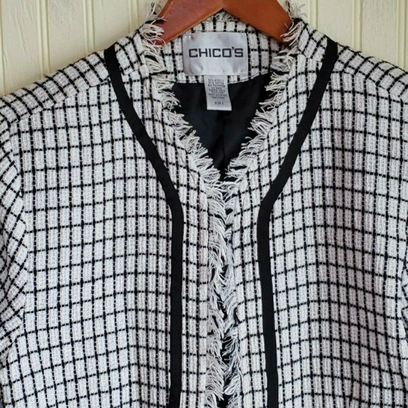 Chico's Jackets & Blazers - Chico's Blazer Jacket Womens 1 White Black Check Tweed Fringe Open Front Lined